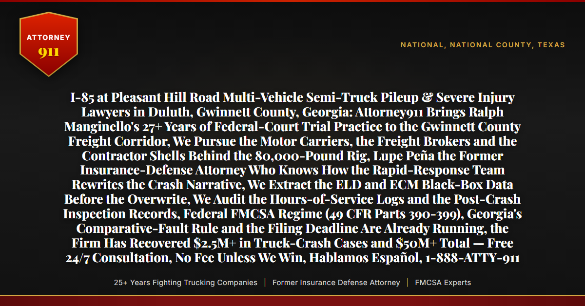 I-85 at Pleasant Hill Road Multi-Vehicle Semi-Truck Pileup & Severe Injury Lawyers in Duluth, Gwinnett County, Georgia: Attorney911 Brings Ralph Manginello's 27+ Years of Federal-Court Trial Practice to the Gwinnett County Freight Corridor, We Pursue the Motor Carriers, the Freight Brokers and the Contractor Shells Behind the 80,000-Pound Rig, Lupe Peña the Former Insurance-Defense Attorney Who Knows How the Rapid-Response Team Rewrites the Crash Narrative, We Extract the ELD and ECM Black-Box Data Before the Overwrite, We Audit the Hours-of-Service Logs and the Post-Crash Inspection Records, Federal FMCSA Regime (49 CFR Parts 390-399), Georgia's Comparative-Fault Rule and the Filing Deadline Are Already Running, the Firm Has Recovered $2.5M+ in Truck-Crash Cases and $50M+ Total — Free 24/7 Consultation, No Fee Unless We Win, Hablamos Español, 1-888-ATTY-911 - Attorney911