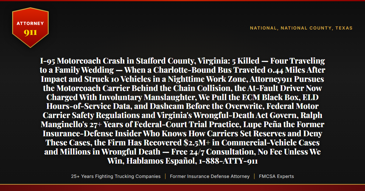 I-95 Motorcoach Crash in Stafford County, Virginia: 5 Killed — Four Traveling to a Family Wedding — When a Charlotte-Bound Bus Traveled 0.44 Miles After Impact and Struck 10 Vehicles in a Nighttime Work Zone, Attorney911 Pursues the Motorcoach Carrier Behind the Chain Collision, the At-Fault Driver Now Charged With Involuntary Manslaughter, We Pull the ECM Black Box, ELD Hours-of-Service Data, and Dashcam Before the Overwrite, Federal Motor Carrier Safety Regulations and Virginia's Wrongful-Death Act Govern, Ralph Manginello's 27+ Years of Federal-Court Trial Practice, Lupe Peña the Former Insurance-Defense Insider Who Knows How Carriers Set Reserves and Deny These Cases, the Firm Has Recovered $2.5M+ in Commercial-Vehicle Cases and Millions in Wrongful Death — Free 24/7 Consultation, No Fee Unless We Win, Hablamos Español, 1-888-ATTY-911 - Attorney911