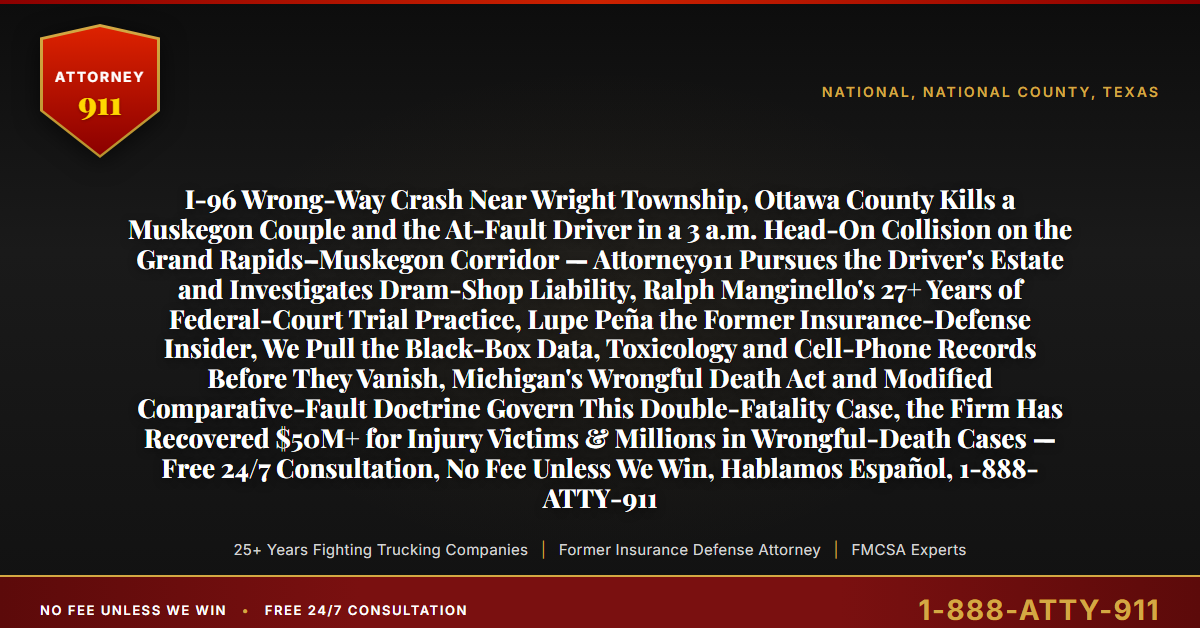 I-96 Wrong-Way Crash Near Wright Township, Ottawa County Kills a Muskegon Couple and the At-Fault Driver in a 3 a.m. Head-On Collision on the Grand Rapids–Muskegon Corridor — Attorney911 Pursues the Driver's Estate and Investigates Dram-Shop Liability, Ralph Manginello's 27+ Years of Federal-Court Trial Practice, Lupe Peña the Former Insurance-Defense Insider, We Pull the Black-Box Data, Toxicology and Cell-Phone Records Before They Vanish, Michigan's Wrongful Death Act and Modified Comparative-Fault Doctrine Govern This Double-Fatality Case, the Firm Has Recovered $50M+ for Injury Victims & Millions in Wrongful-Death Cases — Free 24/7 Consultation, No Fee Unless We Win, Hablamos Español, 1-888-ATTY-911 - Attorney911