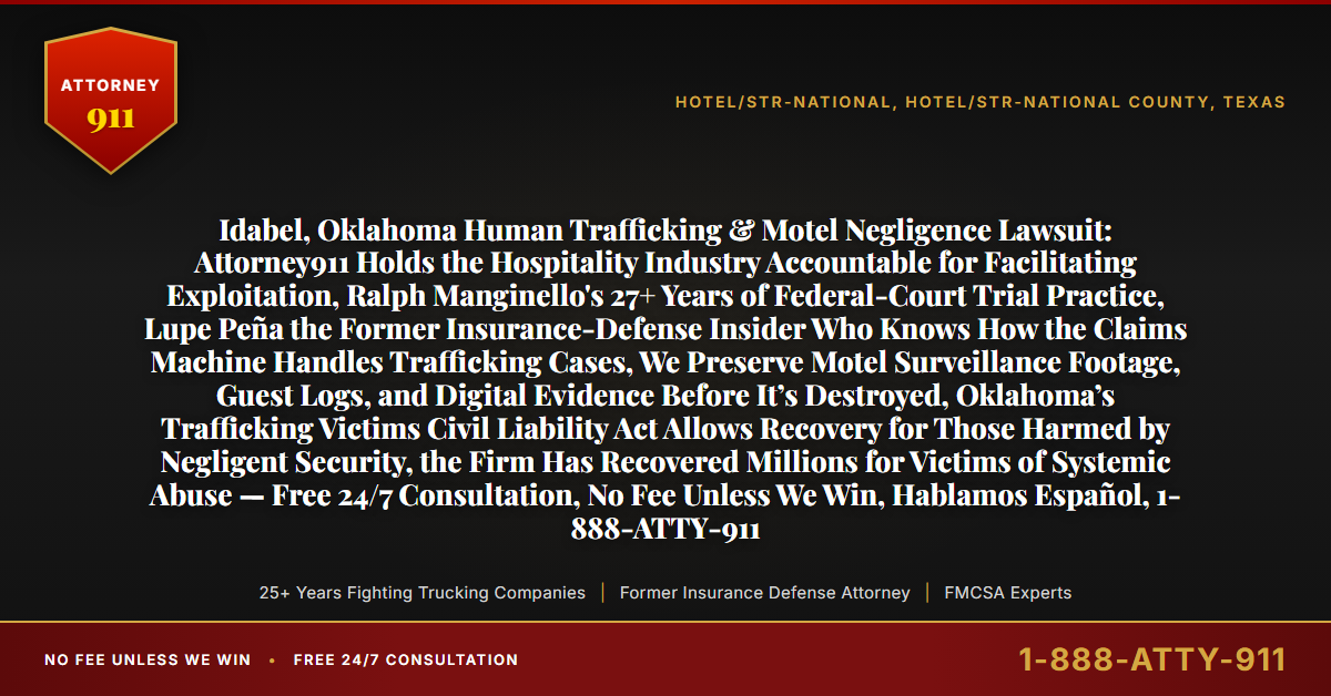 Idabel, Oklahoma Human Trafficking & Motel Negligence Lawsuit: Attorney911 Holds the Hospitality Industry Accountable for Facilitating Exploitation, Ralph Manginello's 27+ Years of Federal-Court Trial Practice, Lupe Peña the Former Insurance-Defense Insider Who Knows How the Claims Machine Handles Trafficking Cases, We Preserve Motel Surveillance Footage, Guest Logs, and Digital Evidence Before It’s Destroyed, Oklahoma’s Trafficking Victims Civil Liability Act Allows Recovery for Those Harmed by Negligent Security, the Firm Has Recovered Millions for Victims of Systemic Abuse — Free 24/7 Consultation, No Fee Unless We Win, Hablamos Español, 1-888-ATTY-911 - Attorney911