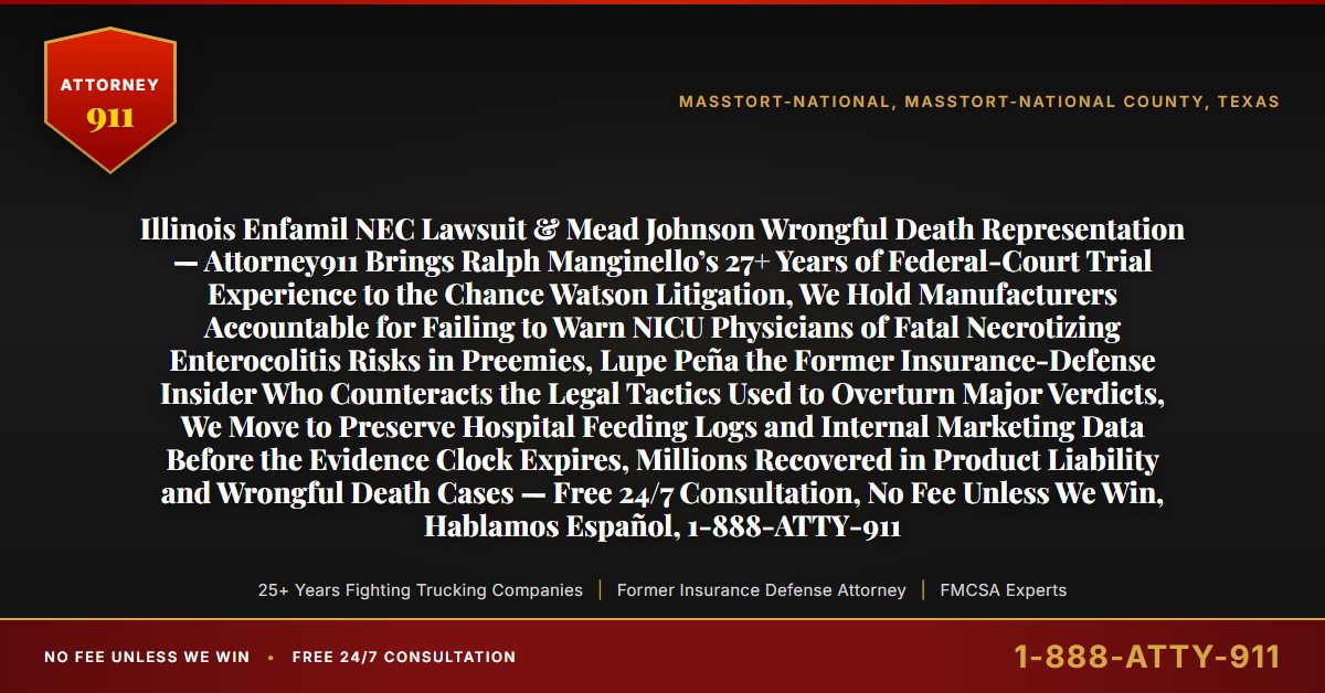 Illinois Enfamil NEC Lawsuit & Mead Johnson Wrongful Death Representation — Attorney911 Brings Ralph Manginello’s 27+ Years of Federal-Court Trial Experience to the Chance Watson Litigation, We Hold Manufacturers Accountable for Failing to Warn NICU Physicians of Fatal Necrotizing Enterocolitis Risks in Preemies, Lupe Peña the Former Insurance-Defense Insider Who Counteracts the Legal Tactics Used to Overturn Major Verdicts, We Move to Preserve Hospital Feeding Logs and Internal Marketing Data Before the Evidence Clock Expires, Millions Recovered in Product Liability and Wrongful Death Cases — Free 24/7 Consultation, No Fee Unless We Win, Hablamos Español, 1-888-ATTY-911 - Attorney911
