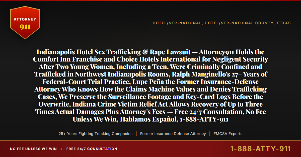 Indianapolis Hotel Sex Trafficking & Rape Lawsuit — Attorney911 Holds the Comfort Inn Franchise and Choice Hotels International for Negligent Security After Two Young Women, Including a Teen, Were Criminally Confined and Trafficked in Northwest Indianapolis Rooms, Ralph Manginello's 27+ Years of Federal-Court Trial Practice, Lupe Peña the Former Insurance-Defense Attorney Who Knows How the Claims Machine Values and Denies Trafficking Cases, We Preserve the Surveillance Footage and Key-Card Logs Before the Overwrite, Indiana Crime Victim Relief Act Allows Recovery of Up to Three Times Actual Damages Plus Attorney's Fees — Free 24/7 Consultation, No Fee Unless We Win, Hablamos Español, 1-888-ATTY-911 - Attorney911