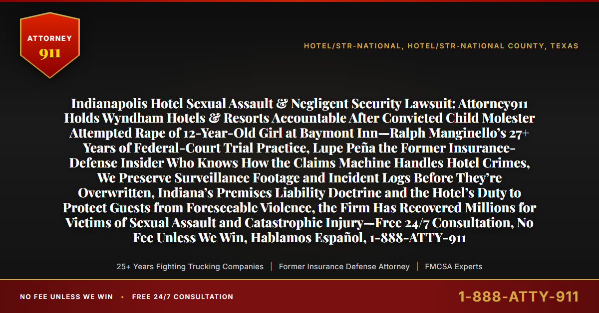 Indianapolis Hotel Sexual Assault & Negligent Security Lawsuit: Attorney911 Holds Wyndham Hotels & Resorts Accountable After Convicted Child Molester Attempted Rape of 12-Year-Old Girl at Baymont Inn—Ralph Manginello’s 27+ Years of Federal-Court Trial Practice, Lupe Peña the Former Insurance-Defense Insider Who Knows How the Claims Machine Handles Hotel Crimes, We Preserve Surveillance Footage and Incident Logs Before They’re Overwritten, Indiana’s Premises Liability Doctrine and the Hotel’s Duty to Protect Guests from Foreseeable Violence, the Firm Has Recovered Millions for Victims of Sexual Assault and Catastrophic Injury—Free 24/7 Consultation, No Fee Unless We Win, Hablamos Español, 1-888-ATTY-911 - Attorney911