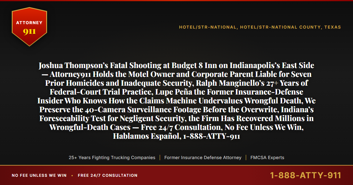 Joshua Thompson’s Fatal Shooting at Budget 8 Inn on Indianapolis’s East Side — Attorney911 Holds the Motel Owner and Corporate Parent Liable for Seven Prior Homicides and Inadequate Security, Ralph Manginello’s 27+ Years of Federal-Court Trial Practice, Lupe Peña the Former Insurance-Defense Insider Who Knows How the Claims Machine Undervalues Wrongful Death, We Preserve the 40-Camera Surveillance Footage Before the Overwrite, Indiana’s Foreseeability Test for Negligent Security, the Firm Has Recovered Millions in Wrongful-Death Cases — Free 24/7 Consultation, No Fee Unless We Win, Hablamos Español, 1-888-ATTY-911 - Attorney911