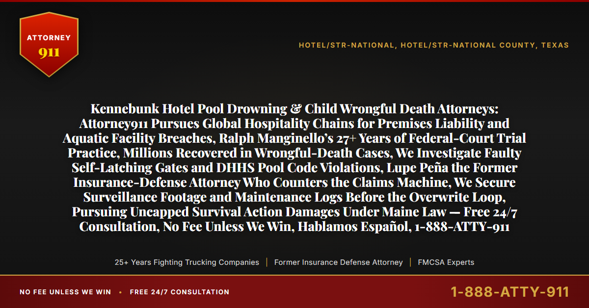 Kennebunk Hotel Pool Drowning & Child Wrongful Death Attorneys: Attorney911 Pursues Global Hospitality Chains for Premises Liability and Aquatic Facility Breaches, Ralph Manginello’s 27+ Years of Federal-Court Trial Practice, Millions Recovered in Wrongful-Death Cases, We Investigate Faulty Self-Latching Gates and DHHS Pool Code Violations, Lupe Peña the Former Insurance-Defense Attorney Who Counters the Claims Machine, We Secure Surveillance Footage and Maintenance Logs Before the Overwrite Loop, Pursuing Uncapped Survival Action Damages Under Maine Law — Free 24/7 Consultation, No Fee Unless We Win, Hablamos Español, 1-888-ATTY-911 - Attorney911