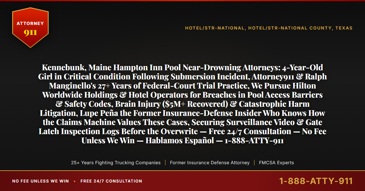 Kennebunk, Maine Hampton Inn Pool Near-Drowning Attorneys: 4-Year-Old Girl in Critical Condition Following Submersion Incident, Attorney911 & Ralph Manginello's 27+ Years of Federal-Court Trial Practice, We Pursue Hilton Worldwide Holdings & Hotel Operators for Breaches in Pool Access Barriers & Safety Codes, Brain Injury ($5M+ Recovered) & Catastrophic Harm Litigation, Lupe Peña the Former Insurance-Defense Insider Who Knows How the Claims Machine Values These Cases, Securing Surveillance Video & Gate Latch Inspection Logs Before the Overwrite — Free 24/7 Consultation — No Fee Unless We Win — Hablamos Español — 1-888-ATTY-911 - Attorney911
