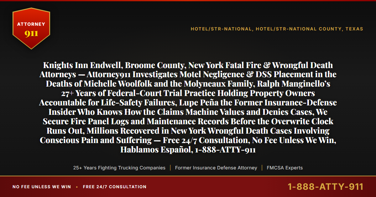 Knights Inn Endwell, Broome County, New York Fatal Fire & Wrongful Death Attorneys — Attorney911 Investigates Motel Negligence & DSS Placement in the Deaths of Michelle Woolfolk and the Molyneaux Family, Ralph Manginello’s 27+ Years of Federal-Court Trial Practice Holding Property Owners Accountable for Life-Safety Failures, Lupe Peña the Former Insurance-Defense Insider Who Knows How the Claims Machine Values and Denies Cases, We Secure Fire Panel Logs and Maintenance Records Before the Overwrite Clock Runs Out, Millions Recovered in New York Wrongful Death Cases Involving Conscious Pain and Suffering — Free 24/7 Consultation, No Fee Unless We Win, Hablamos Español, 1-888-ATTY-911 - Attorney911