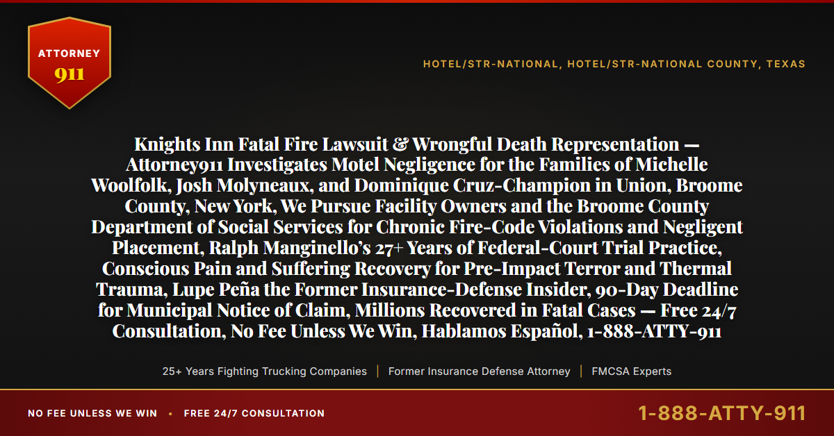 Knights Inn Fatal Fire Lawsuit & Wrongful Death Representation — Attorney911 Investigates Motel Negligence for the Families of Michelle Woolfolk, Josh Molyneaux, and Dominique Cruz-Champion in Union, Broome County, New York, We Pursue Facility Owners and the Broome County Department of Social Services for Chronic Fire-Code Violations and Negligent Placement, Ralph Manginello’s 27+ Years of Federal-Court Trial Practice, Conscious Pain and Suffering Recovery for Pre-Impact Terror and Thermal Trauma, Lupe Peña the Former Insurance-Defense Insider, 90-Day Deadline for Municipal Notice of Claim, Millions Recovered in Fatal Cases — Free 24/7 Consultation, No Fee Unless We Win, Hablamos Español, 1-888-ATTY-911 - Attorney911