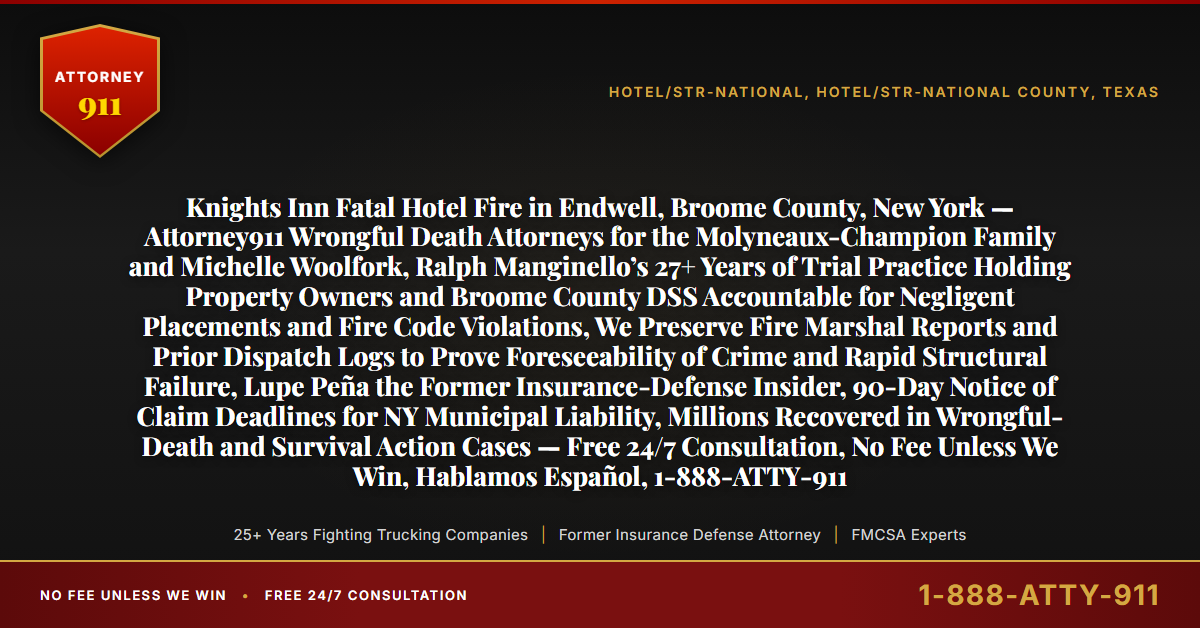 Knights Inn Fatal Hotel Fire in Endwell, Broome County, New York — Attorney911 Wrongful Death Attorneys for the Molyneaux-Champion Family and Michelle Woolfork, Ralph Manginello’s 27+ Years of Trial Practice Holding Property Owners and Broome County DSS Accountable for Negligent Placements and Fire Code Violations, We Preserve Fire Marshal Reports and Prior Dispatch Logs to Prove Foreseeability of Crime and Rapid Structural Failure, Lupe Peña the Former Insurance-Defense Insider, 90-Day Notice of Claim Deadlines for NY Municipal Liability, Millions Recovered in Wrongful-Death and Survival Action Cases — Free 24/7 Consultation, No Fee Unless We Win, Hablamos Español, 1-888-ATTY-911 - Attorney911