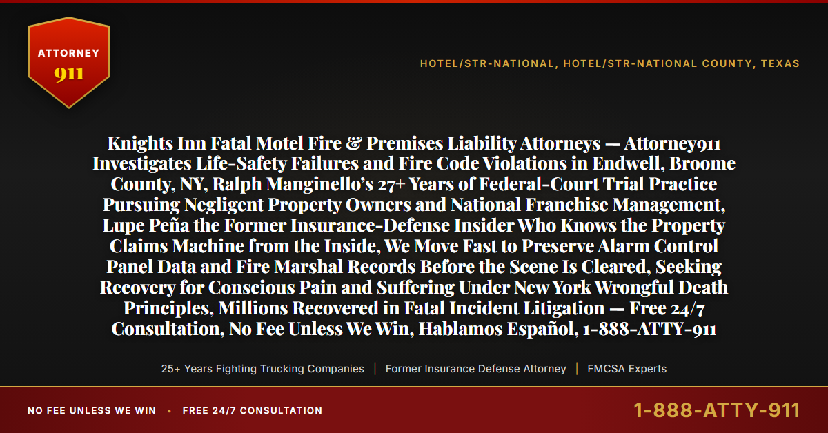 Knights Inn Fatal Motel Fire & Premises Liability Attorneys — Attorney911 Investigates Life-Safety Failures and Fire Code Violations in Endwell, Broome County, NY, Ralph Manginello’s 27+ Years of Federal-Court Trial Practice Pursuing Negligent Property Owners and National Franchise Management, Lupe Peña the Former Insurance-Defense Insider Who Knows the Property Claims Machine from the Inside, We Move Fast to Preserve Alarm Control Panel Data and Fire Marshal Records Before the Scene Is Cleared, Seeking Recovery for Conscious Pain and Suffering Under New York Wrongful Death Principles, Millions Recovered in Fatal Incident Litigation — Free 24/7 Consultation, No Fee Unless We Win, Hablamos Español, 1-888-ATTY-911 - Attorney911