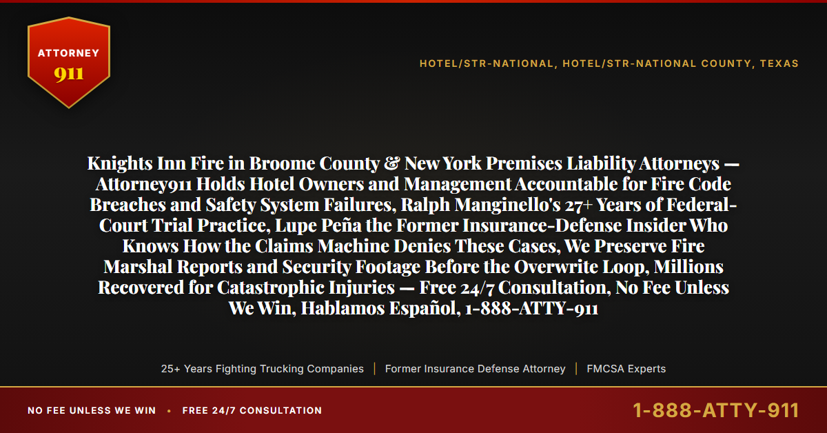 Knights Inn Fire in Broome County & New York Premises Liability Attorneys — Attorney911 Holds Hotel Owners and Management Accountable for Fire Code Breaches and Safety System Failures, Ralph Manginello's 27+ Years of Federal-Court Trial Practice, Lupe Peña the Former Insurance-Defense Insider Who Knows How the Claims Machine Denies These Cases, We Preserve Fire Marshal Reports and Security Footage Before the Overwrite Loop, Millions Recovered for Catastrophic Injuries — Free 24/7 Consultation, No Fee Unless We Win, Hablamos Español, 1-888-ATTY-911 - Attorney911