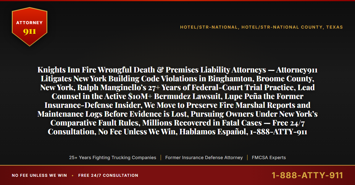 Knights Inn Fire Wrongful Death & Premises Liability Attorneys — Attorney911 Litigates New York Building Code Violations in Binghamton, Broome County, New York, Ralph Manginello’s 27+ Years of Federal-Court Trial Practice, Lead Counsel in the Active $10M+ Bermudez Lawsuit, Lupe Peña the Former Insurance-Defense Insider, We Move to Preserve Fire Marshal Reports and Maintenance Logs Before Evidence is Lost, Pursuing Owners Under New York’s Comparative Fault Rules, Millions Recovered in Fatal Cases — Free 24/7 Consultation, No Fee Unless We Win, Hablamos Español, 1-888-ATTY-911 - Attorney911