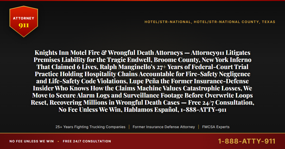 Knights Inn Motel Fire & Wrongful Death Attorneys — Attorney911 Litigates Premises Liability for the Tragic Endwell, Broome County, New York Inferno That Claimed 6 Lives, Ralph Manginello’s 27+ Years of Federal-Court Trial Practice Holding Hospitality Chains Accountable for Fire-Safety Negligence and Life-Safety Code Violations, Lupe Peña the Former Insurance-Defense Insider Who Knows How the Claims Machine Values Catastrophic Losses, We Move to Secure Alarm Logs and Surveillance Footage Before Overwrite Loops Reset, Recovering Millions in Wrongful Death Cases — Free 24/7 Consultation, No Fee Unless We Win, Hablamos Español, 1-888-ATTY-911 - Attorney911
