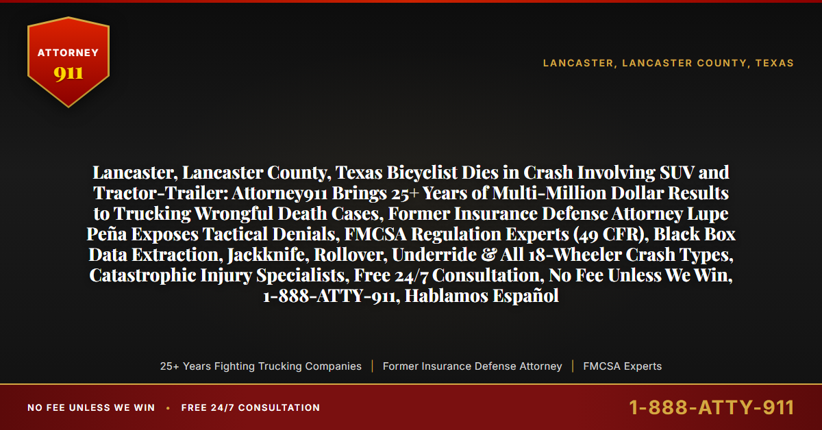 Lancaster, Lancaster County, Texas Bicyclist Dies in Crash Involving SUV and Tractor-Trailer: Attorney911 Brings 25+ Years of Multi-Million Dollar Results to Trucking Wrongful Death Cases, Former Insurance Defense Attorney Lupe Peña Exposes Tactical Denials, FMCSA Regulation Experts (49 CFR), Black Box Data Extraction, Jackknife, Rollover, Underride & All 18-Wheeler Crash Types, Catastrophic Injury Specialists, Free 24/7 Consultation, No Fee Unless We Win, 1-888-ATTY-911, Hablamos Español - Attorney911