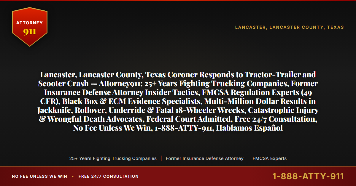 Lancaster, Lancaster County, Texas Coroner Responds to Tractor-Trailer and Scooter Crash — Attorney911: 25+ Years Fighting Trucking Companies, Former Insurance Defense Attorney Insider Tactics, FMCSA Regulation Experts (49 CFR), Black Box & ECM Evidence Specialists, Multi-Million Dollar Results in Jackknife, Rollover, Underride & Fatal 18-Wheeler Wrecks, Catastrophic Injury & Wrongful Death Advocates, Federal Court Admitted, Free 24/7 Consultation, No Fee Unless We Win, 1-888-ATTY-911, Hablamos Español - Attorney911