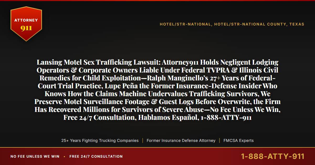 Lansing Motel Sex Trafficking Lawsuit: Attorney911 Holds Negligent Lodging Operators & Corporate Owners Liable Under Federal TVPRA & Illinois Civil Remedies for Child Exploitation—Ralph Manginello’s 27+ Years of Federal-Court Trial Practice, Lupe Peña the Former Insurance-Defense Insider Who Knows How the Claims Machine Undervalues Trafficking Survivors, We Preserve Motel Surveillance Footage & Guest Logs Before Overwrite, the Firm Has Recovered Millions for Survivors of Severe Abuse—No Fee Unless We Win, Free 24/7 Consultation, Hablamos Español, 1-888-ATTY-911 - Attorney911