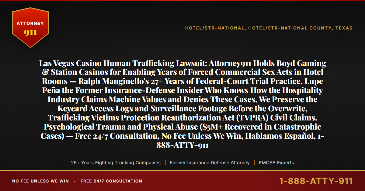 Las Vegas Casino Human Trafficking Lawsuit: Attorney911 Holds Boyd Gaming & Station Casinos for Enabling Years of Forced Commercial Sex Acts in Hotel Rooms — Ralph Manginello's 27+ Years of Federal-Court Trial Practice, Lupe Peña the Former Insurance-Defense Insider Who Knows How the Hospitality Industry Claims Machine Values and Denies These Cases, We Preserve the Keycard Access Logs and Surveillance Footage Before the Overwrite, Trafficking Victims Protection Reauthorization Act (TVPRA) Civil Claims, Psychological Trauma and Physical Abuse ($5M+ Recovered in Catastrophic Cases) — Free 24/7 Consultation, No Fee Unless We Win, Hablamos Español, 1-888-ATTY-911 - Attorney911