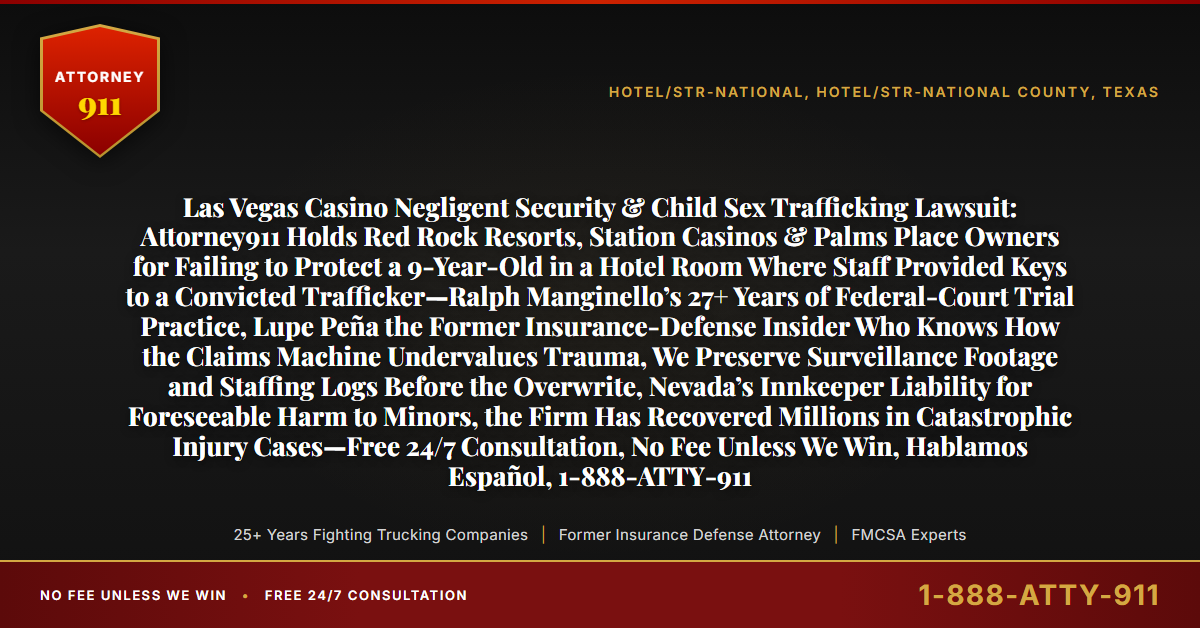 Las Vegas Casino Negligent Security & Child Sex Trafficking Lawsuit: Attorney911 Holds Red Rock Resorts, Station Casinos & Palms Place Owners for Failing to Protect a 9-Year-Old in a Hotel Room Where Staff Provided Keys to a Convicted Trafficker—Ralph Manginello’s 27+ Years of Federal-Court Trial Practice, Lupe Peña the Former Insurance-Defense Insider Who Knows How the Claims Machine Undervalues Trauma, We Preserve Surveillance Footage and Staffing Logs Before the Overwrite, Nevada’s Innkeeper Liability for Foreseeable Harm to Minors, the Firm Has Recovered Millions in Catastrophic Injury Cases—Free 24/7 Consultation, No Fee Unless We Win, Hablamos Español, 1-888-ATTY-911 - Attorney911