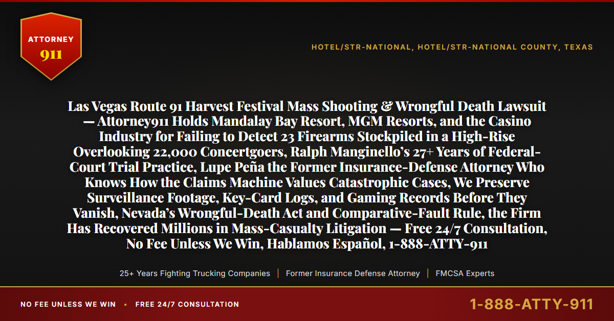 Las Vegas Route 91 Harvest Festival Mass Shooting & Wrongful Death Lawsuit — Attorney911 Holds Mandalay Bay Resort, MGM Resorts, and the Casino Industry for Failing to Detect 23 Firearms Stockpiled in a High-Rise Overlooking 22,000 Concertgoers, Ralph Manginello’s 27+ Years of Federal-Court Trial Practice, Lupe Peña the Former Insurance-Defense Attorney Who Knows How the Claims Machine Values Catastrophic Cases, We Preserve Surveillance Footage, Key-Card Logs, and Gaming Records Before They Vanish, Nevada’s Wrongful-Death Act and Comparative-Fault Rule, the Firm Has Recovered Millions in Mass-Casualty Litigation — Free 24/7 Consultation, No Fee Unless We Win, Hablamos Español, 1-888-ATTY-911 - Attorney911
