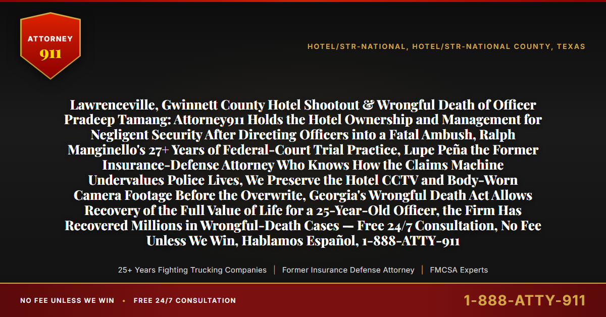 Lawrenceville, Gwinnett County Hotel Shootout & Wrongful Death of Officer Pradeep Tamang: Attorney911 Holds the Hotel Ownership and Management for Negligent Security After Directing Officers into a Fatal Ambush, Ralph Manginello's 27+ Years of Federal-Court Trial Practice, Lupe Peña the Former Insurance-Defense Attorney Who Knows How the Claims Machine Undervalues Police Lives, We Preserve the Hotel CCTV and Body-Worn Camera Footage Before the Overwrite, Georgia's Wrongful Death Act Allows Recovery of the Full Value of Life for a 25-Year-Old Officer, the Firm Has Recovered Millions in Wrongful-Death Cases — Free 24/7 Consultation, No Fee Unless We Win, Hablamos Español, 1-888-ATTY-911 - Attorney911
