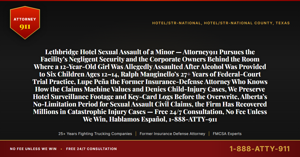 Lethbridge Hotel Sexual Assault of a Minor — Attorney911 Pursues the Facility’s Negligent Security and the Corporate Owners Behind the Room Where a 12-Year-Old Girl Was Allegedly Assaulted After Alcohol Was Provided to Six Children Ages 12–14, Ralph Manginello’s 27+ Years of Federal-Court Trial Practice, Lupe Peña the Former Insurance-Defense Attorney Who Knows How the Claims Machine Values and Denies Child-Injury Cases, We Preserve Hotel Surveillance Footage and Key-Card Logs Before the Overwrite, Alberta’s No-Limitation Period for Sexual Assault Civil Claims, the Firm Has Recovered Millions in Catastrophic Injury Cases — Free 24/7 Consultation, No Fee Unless We Win, Hablamos Español, 1-888-ATTY-911 - Attorney911