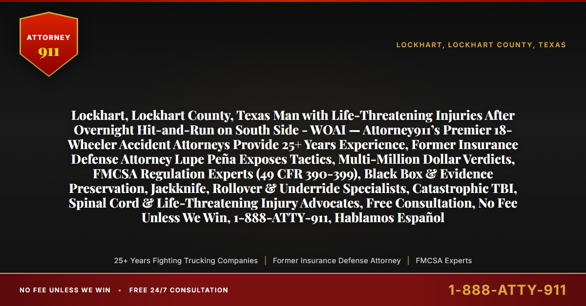 Lockhart, Lockhart County, Texas Man with Life-Threatening Injuries After Overnight Hit-and-Run on South Side - WOAI — Attorney911’s Premier 18-Wheeler Accident Attorneys Provide 25+ Years Experience, Former Insurance Defense Attorney Lupe Peña Exposes Tactics, Multi-Million Dollar Verdicts, FMCSA Regulation Experts (49 CFR 390-399), Black Box & Evidence Preservation, Jackknife, Rollover & Underride Specialists, Catastrophic TBI, Spinal Cord & Life-Threatening Injury Advocates, Free Consultation, No Fee Unless We Win, 1-888-ATTY-911, Hablamos Español - Attorney911