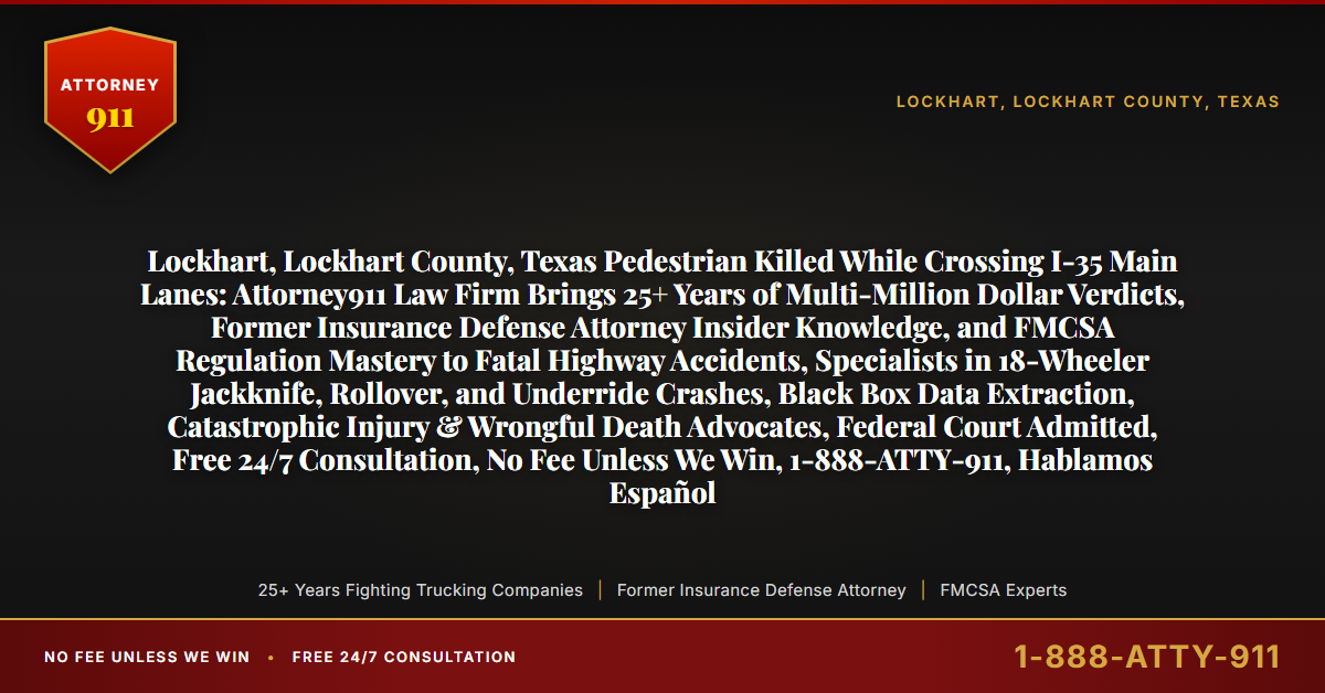 Lockhart, Lockhart County, Texas Pedestrian Killed While Crossing I-35 Main Lanes: Attorney911 Law Firm Brings 25+ Years of Multi-Million Dollar Verdicts, Former Insurance Defense Attorney Insider Knowledge, and FMCSA Regulation Mastery to Fatal Highway Accidents, Specialists in 18-Wheeler Jackknife, Rollover, and Underride Crashes, Black Box Data Extraction, Catastrophic Injury & Wrongful Death Advocates, Federal Court Admitted, Free 24/7 Consultation, No Fee Unless We Win, 1-888-ATTY-911, Hablamos Español - Attorney911
