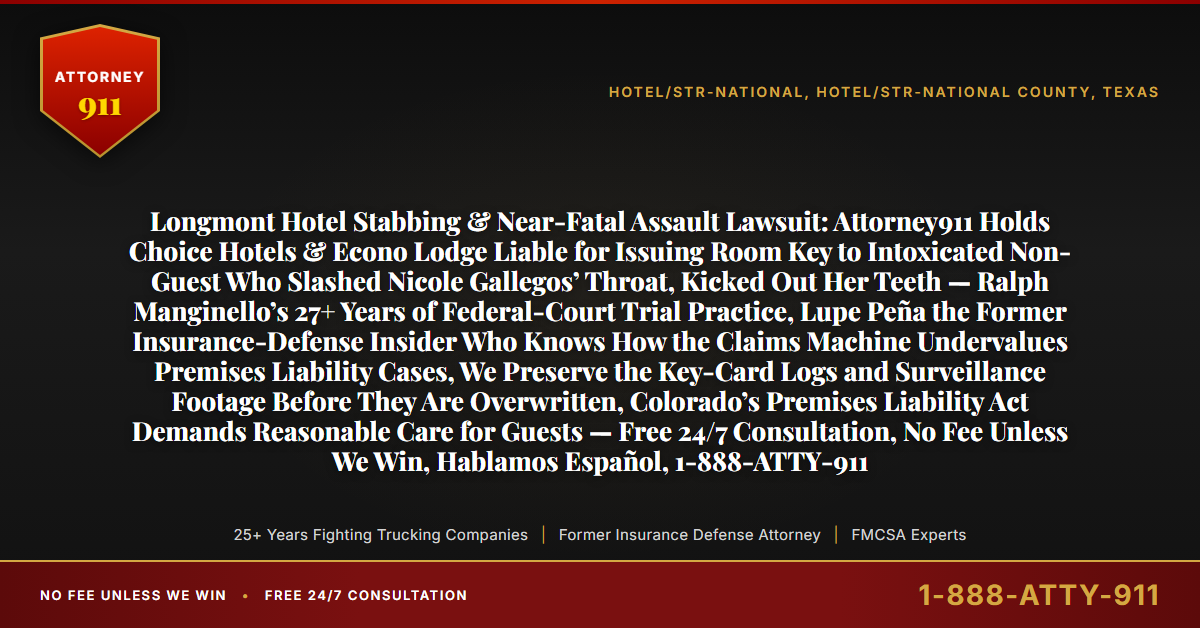 Longmont Hotel Stabbing & Near-Fatal Assault Lawsuit: Attorney911 Holds Choice Hotels & Econo Lodge Liable for Issuing Room Key to Intoxicated Non-Guest Who Slashed Nicole Gallegos’ Throat, Kicked Out Her Teeth — Ralph Manginello’s 27+ Years of Federal-Court Trial Practice, Lupe Peña the Former Insurance-Defense Insider Who Knows How the Claims Machine Undervalues Premises Liability Cases, We Preserve the Key-Card Logs and Surveillance Footage Before They Are Overwritten, Colorado’s Premises Liability Act Demands Reasonable Care for Guests — Free 24/7 Consultation, No Fee Unless We Win, Hablamos Español, 1-888-ATTY-911 - Attorney911