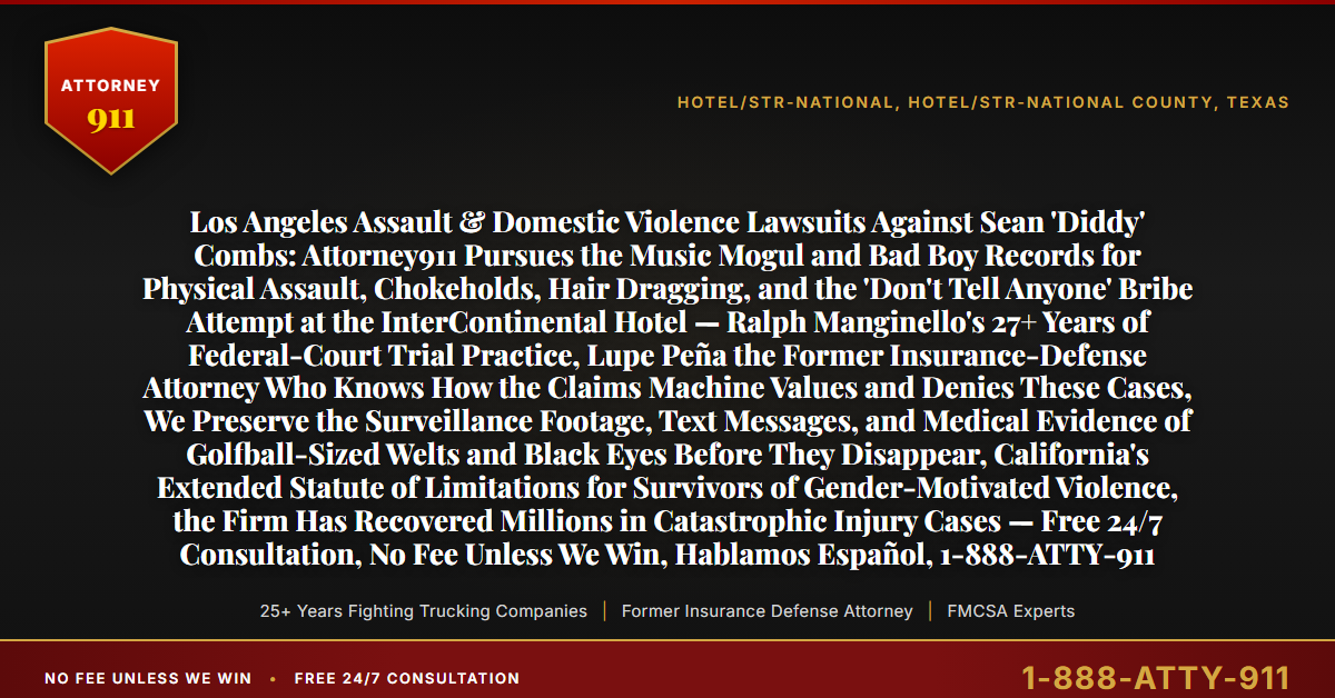 Los Angeles Assault & Domestic Violence Lawsuits Against Sean 'Diddy' Combs: Attorney911 Pursues the Music Mogul and Bad Boy Records for Physical Assault, Chokeholds, Hair Dragging, and the 'Don't Tell Anyone' Bribe Attempt at the InterContinental Hotel — Ralph Manginello's 27+ Years of Federal-Court Trial Practice, Lupe Peña the Former Insurance-Defense Attorney Who Knows How the Claims Machine Values and Denies These Cases, We Preserve the Surveillance Footage, Text Messages, and Medical Evidence of Golfball-Sized Welts and Black Eyes Before They Disappear, California's Extended Statute of Limitations for Survivors of Gender-Motivated Violence, the Firm Has Recovered Millions in Catastrophic Injury Cases — Free 24/7 Consultation, No Fee Unless We Win, Hablamos Español, 1-888-ATTY-911 - Attorney911