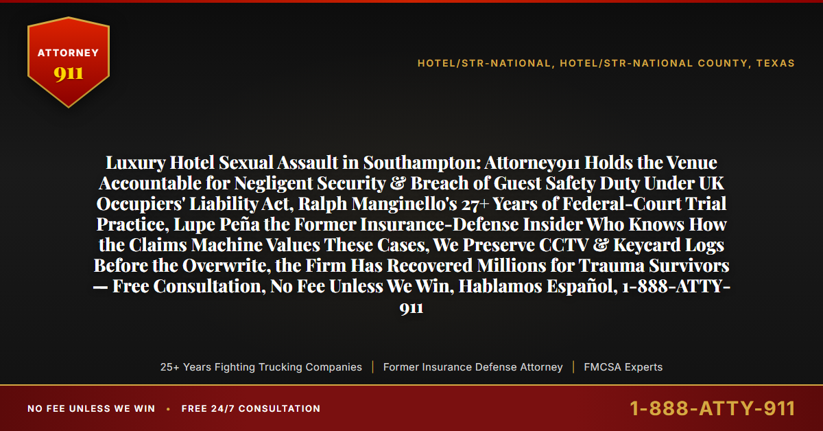 Luxury Hotel Sexual Assault in Southampton: Attorney911 Holds the Venue Accountable for Negligent Security & Breach of Guest Safety Duty Under UK Occupiers' Liability Act, Ralph Manginello's 27+ Years of Federal-Court Trial Practice, Lupe Peña the Former Insurance-Defense Insider Who Knows How the Claims Machine Values These Cases, We Preserve CCTV & Keycard Logs Before the Overwrite, the Firm Has Recovered Millions for Trauma Survivors — Free Consultation, No Fee Unless We Win, Hablamos Español, 1-888-ATTY-911 - Attorney911