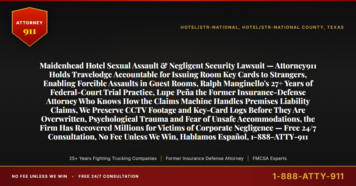 Maidenhead Hotel Sexual Assault & Negligent Security Lawsuit — Attorney911 Holds Travelodge Accountable for Issuing Room Key Cards to Strangers, Enabling Forcible Assaults in Guest Rooms, Ralph Manginello's 27+ Years of Federal-Court Trial Practice, Lupe Peña the Former Insurance-Defense Attorney Who Knows How the Claims Machine Handles Premises Liability Claims, We Preserve CCTV Footage and Key-Card Logs Before They Are Overwritten, Psychological Trauma and Fear of Unsafe Accommodations, the Firm Has Recovered Millions for Victims of Corporate Negligence — Free 24/7 Consultation, No Fee Unless We Win, Hablamos Español, 1-888-ATTY-911 - Attorney911