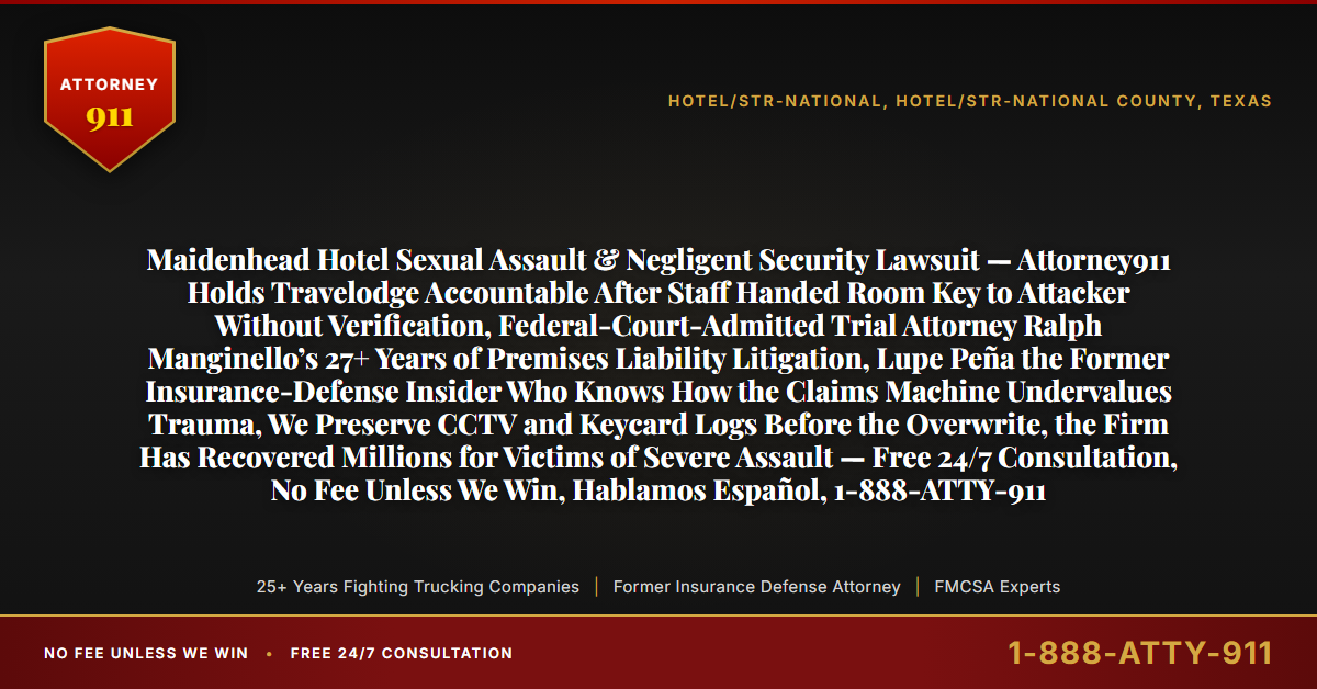 Maidenhead Hotel Sexual Assault & Negligent Security Lawsuit — Attorney911 Holds Travelodge Accountable After Staff Handed Room Key to Attacker Without Verification, Federal-Court-Admitted Trial Attorney Ralph Manginello’s 27+ Years of Premises Liability Litigation, Lupe Peña the Former Insurance-Defense Insider Who Knows How the Claims Machine Undervalues Trauma, We Preserve CCTV and Keycard Logs Before the Overwrite, the Firm Has Recovered Millions for Victims of Severe Assault — Free 24/7 Consultation, No Fee Unless We Win, Hablamos Español, 1-888-ATTY-911 - Attorney911