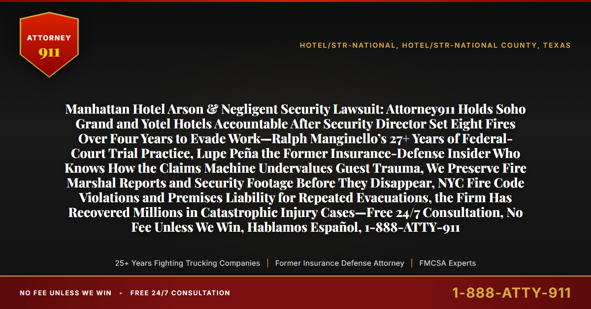 Manhattan Hotel Arson & Negligent Security Lawsuit: Attorney911 Holds Soho Grand and Yotel Hotels Accountable After Security Director Set Eight Fires Over Four Years to Evade Work—Ralph Manginello’s 27+ Years of Federal-Court Trial Practice, Lupe Peña the Former Insurance-Defense Insider Who Knows How the Claims Machine Undervalues Guest Trauma, We Preserve Fire Marshal Reports and Security Footage Before They Disappear, NYC Fire Code Violations and Premises Liability for Repeated Evacuations, the Firm Has Recovered Millions in Catastrophic Injury Cases—Free 24/7 Consultation, No Fee Unless We Win, Hablamos Español, 1-888-ATTY-911 - Attorney911