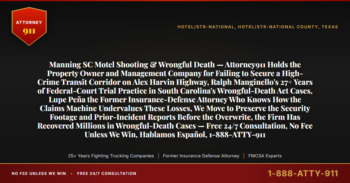 Manning SC Motel Shooting & Wrongful Death — Attorney911 Holds the Property Owner and Management Company for Failing to Secure a High-Crime Transit Corridor on Alex Harvin Highway, Ralph Manginello's 27+ Years of Federal-Court Trial Practice in South Carolina's Wrongful-Death Act Cases, Lupe Peña the Former Insurance-Defense Attorney Who Knows How the Claims Machine Undervalues These Losses, We Move to Preserve the Security Footage and Prior-Incident Reports Before the Overwrite, the Firm Has Recovered Millions in Wrongful-Death Cases — Free 24/7 Consultation, No Fee Unless We Win, Hablamos Español, 1-888-ATTY-911 - Attorney911