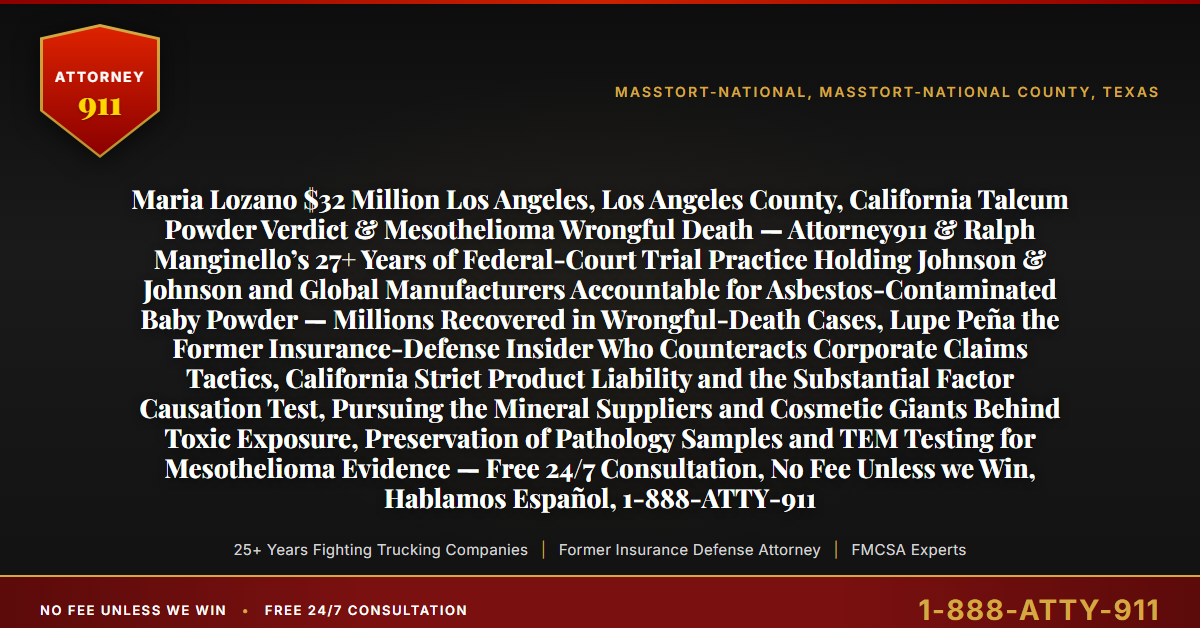 Maria Lozano $32 Million Los Angeles, Los Angeles County, California Talcum Powder Verdict & Mesothelioma Wrongful Death — Attorney911 & Ralph Manginello’s 27+ Years of Federal-Court Trial Practice Holding Johnson & Johnson and Global Manufacturers Accountable for Asbestos-Contaminated Baby Powder — Millions Recovered in Wrongful-Death Cases, Lupe Peña the Former Insurance-Defense Insider Who Counteracts Corporate Claims Tactics, California Strict Product Liability and the Substantial Factor Causation Test, Pursuing the Mineral Suppliers and Cosmetic Giants Behind Toxic Exposure, Preservation of Pathology Samples and TEM Testing for Mesothelioma Evidence — Free 24/7 Consultation, No Fee Unless we Win, Hablamos Español, 1-888-ATTY-911 - Attorney911