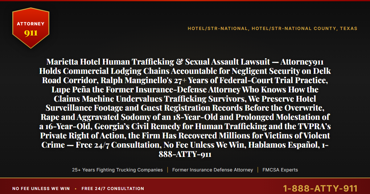 Marietta Hotel Human Trafficking & Sexual Assault Lawsuit — Attorney911 Holds Commercial Lodging Chains Accountable for Negligent Security on Delk Road Corridor, Ralph Manginello's 27+ Years of Federal-Court Trial Practice, Lupe Peña the Former Insurance-Defense Attorney Who Knows How the Claims Machine Undervalues Trafficking Survivors, We Preserve Hotel Surveillance Footage and Guest Registration Records Before the Overwrite, Rape and Aggravated Sodomy of an 18-Year-Old and Prolonged Molestation of a 16-Year-Old, Georgia’s Civil Remedy for Human Trafficking and the TVPRA’s Private Right of Action, the Firm Has Recovered Millions for Victims of Violent Crime — Free 24/7 Consultation, No Fee Unless We Win, Hablamos Español, 1-888-ATTY-911 - Attorney911