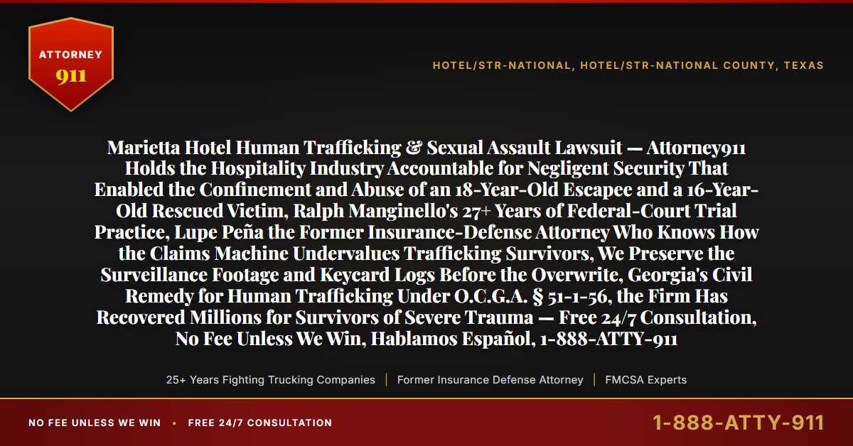 Marietta Hotel Human Trafficking & Sexual Assault Lawsuit — Attorney911 Holds the Hospitality Industry Accountable for Negligent Security That Enabled the Confinement and Abuse of an 18-Year-Old Escapee and a 16-Year-Old Rescued Victim, Ralph Manginello's 27+ Years of Federal-Court Trial Practice, Lupe Peña the Former Insurance-Defense Attorney Who Knows How the Claims Machine Undervalues Trafficking Survivors, We Preserve the Surveillance Footage and Keycard Logs Before the Overwrite, Georgia's Civil Remedy for Human Trafficking Under O.C.G.A. § 51-1-56, the Firm Has Recovered Millions for Survivors of Severe Trauma — Free 24/7 Consultation, No Fee Unless We Win, Hablamos Español, 1-888-ATTY-911 - Attorney911