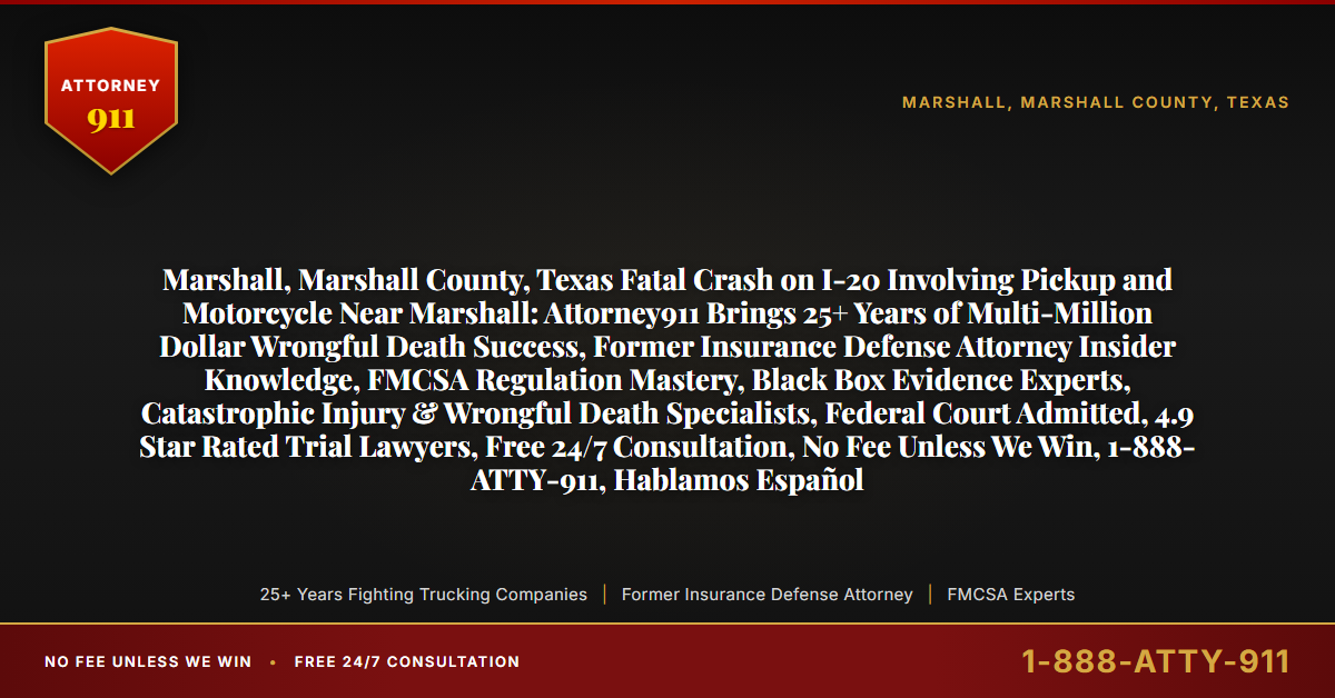 Marshall, Marshall County, Texas Fatal Crash on I-20 Involving Pickup and Motorcycle Near Marshall: Attorney911 Brings 25+ Years of Multi-Million Dollar Wrongful Death Success, Former Insurance Defense Attorney Insider Knowledge, FMCSA Regulation Mastery, Black Box Evidence Experts, Catastrophic Injury & Wrongful Death Specialists, Federal Court Admitted, 4.9 Star Rated Trial Lawyers, Free 24/7 Consultation, No Fee Unless We Win, 1-888-ATTY-911, Hablamos Español - Attorney911