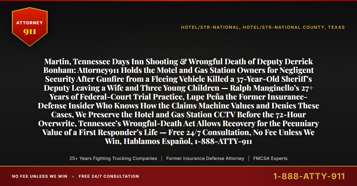 Martin, Tennessee Days Inn Shooting & Wrongful Death of Deputy Derrick Bonham: Attorney911 Holds the Motel and Gas Station Owners for Negligent Security After Gunfire from a Fleeing Vehicle Killed a 37-Year-Old Sheriff’s Deputy Leaving a Wife and Three Young Children — Ralph Manginello’s 27+ Years of Federal-Court Trial Practice, Lupe Peña the Former Insurance-Defense Insider Who Knows How the Claims Machine Values and Denies These Cases, We Preserve the Hotel and Gas Station CCTV Before the 72-Hour Overwrite, Tennessee’s Wrongful-Death Act Allows Recovery for the Pecuniary Value of a First Responder’s Life — Free 24/7 Consultation, No Fee Unless We Win, Hablamos Español, 1-888-ATTY-911 - Attorney911