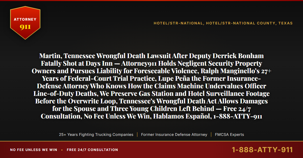 Martin, Tennessee Wrongful Death Lawsuit After Deputy Derrick Bonham Fatally Shot at Days Inn — Attorney911 Holds Negligent Security Property Owners and Pursues Liability for Foreseeable Violence, Ralph Manginello’s 27+ Years of Federal-Court Trial Practice, Lupe Peña the Former Insurance-Defense Attorney Who Knows How the Claims Machine Undervalues Officer Line-of-Duty Deaths, We Preserve Gas Station and Hotel Surveillance Footage Before the Overwrite Loop, Tennessee’s Wrongful Death Act Allows Damages for the Spouse and Three Young Children Left Behind — Free 24/7 Consultation, No Fee Unless We Win, Hablamos Español, 1-888-ATTY-911 - Attorney911