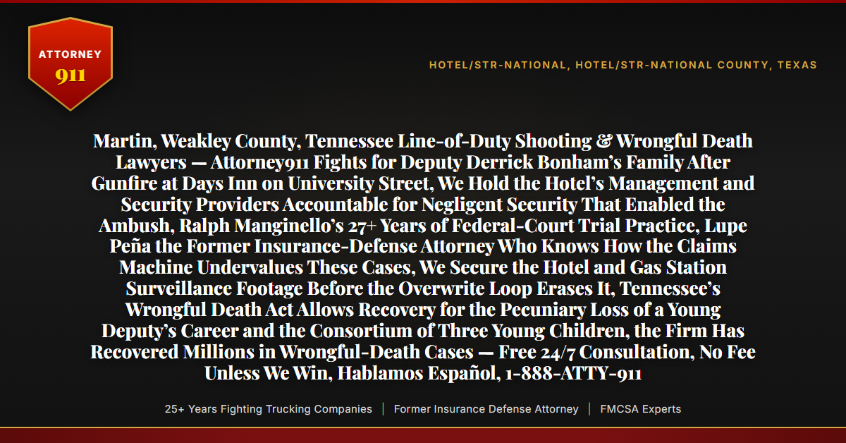 Martin, Weakley County, Tennessee Line-of-Duty Shooting & Wrongful Death Lawyers — Attorney911 Fights for Deputy Derrick Bonham’s Family After Gunfire at Days Inn on University Street, We Hold the Hotel’s Management and Security Providers Accountable for Negligent Security That Enabled the Ambush, Ralph Manginello’s 27+ Years of Federal-Court Trial Practice, Lupe Peña the Former Insurance-Defense Attorney Who Knows How the Claims Machine Undervalues These Cases, We Secure the Hotel and Gas Station Surveillance Footage Before the Overwrite Loop Erases It, Tennessee’s Wrongful Death Act Allows Recovery for the Pecuniary Loss of a Young Deputy’s Career and the Consortium of Three Young Children, the Firm Has Recovered Millions in Wrongful-Death Cases — Free 24/7 Consultation, No Fee Unless We Win, Hablamos Español, 1-888-ATTY-911 - Attorney911