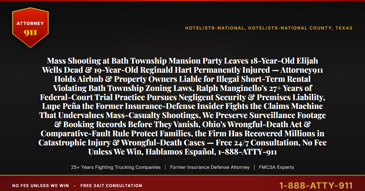 Mass Shooting at Bath Township Mansion Party Leaves 18-Year-Old Elijah Wells Dead & 19-Year-Old Reginald Hart Permanently Injured — Attorney911 Holds Airbnb & Property Owners Liable for Illegal Short-Term Rental Violating Bath Township Zoning Laws, Ralph Manginello’s 27+ Years of Federal-Court Trial Practice Pursues Negligent Security & Premises Liability, Lupe Peña the Former Insurance-Defense Insider Fights the Claims Machine That Undervalues Mass-Casualty Shootings, We Preserve Surveillance Footage & Booking Records Before They Vanish, Ohio’s Wrongful-Death Act & Comparative-Fault Rule Protect Families, the Firm Has Recovered Millions in Catastrophic Injury & Wrongful-Death Cases — Free 24/7 Consultation, No Fee Unless We Win, Hablamos Español, 1-888-ATTY-911 - Attorney911