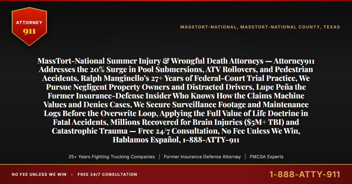 MassTort-National Summer Injury & Wrongful Death Attorneys — Attorney911 Addresses the 20% Surge in Pool Submersions, ATV Rollovers, and Pedestrian Accidents, Ralph Manginello’s 27+ Years of Federal-Court Trial Practice, We Pursue Negligent Property Owners and Distracted Drivers, Lupe Peña the Former Insurance-Defense Insider Who Knows How the Claims Machine Values and Denies Cases, We Secure Surveillance Footage and Maintenance Logs Before the Overwrite Loop, Applying the Full Value of Life Doctrine in Fatal Accidents, Millions Recovered for Brain Injuries ($5M+ TBI) and Catastrophic Trauma — Free 24/7 Consultation, No Fee Unless We Win, Hablamos Español, 1-888-ATTY-911 - Attorney911