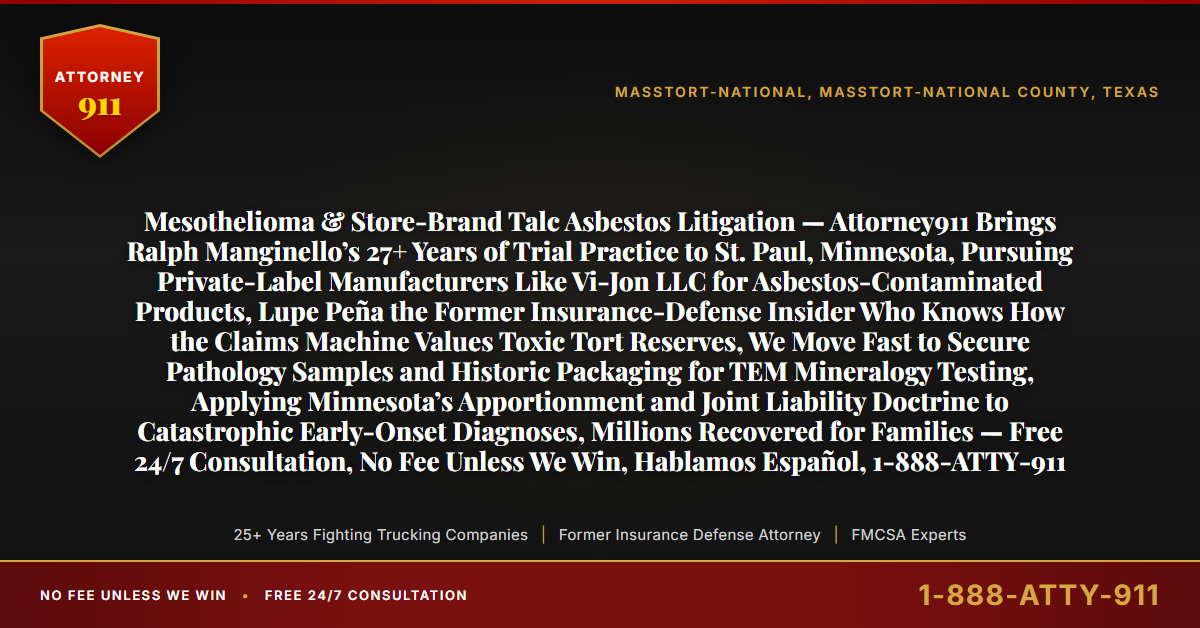 Mesothelioma & Store-Brand Talc Asbestos Litigation — Attorney911 Brings Ralph Manginello’s 27+ Years of Trial Practice to St. Paul, Minnesota, Pursuing Private-Label Manufacturers Like Vi-Jon LLC for Asbestos-Contaminated Products, Lupe Peña the Former Insurance-Defense Insider Who Knows How the Claims Machine Values Toxic Tort Reserves, We Move Fast to Secure Pathology Samples and Historic Packaging for TEM Mineralogy Testing, Applying Minnesota’s Apportionment and Joint Liability Doctrine to Catastrophic Early-Onset Diagnoses, Millions Recovered for Families — Free 24/7 Consultation, No Fee Unless We Win, Hablamos Español, 1-888-ATTY-911 - Attorney911