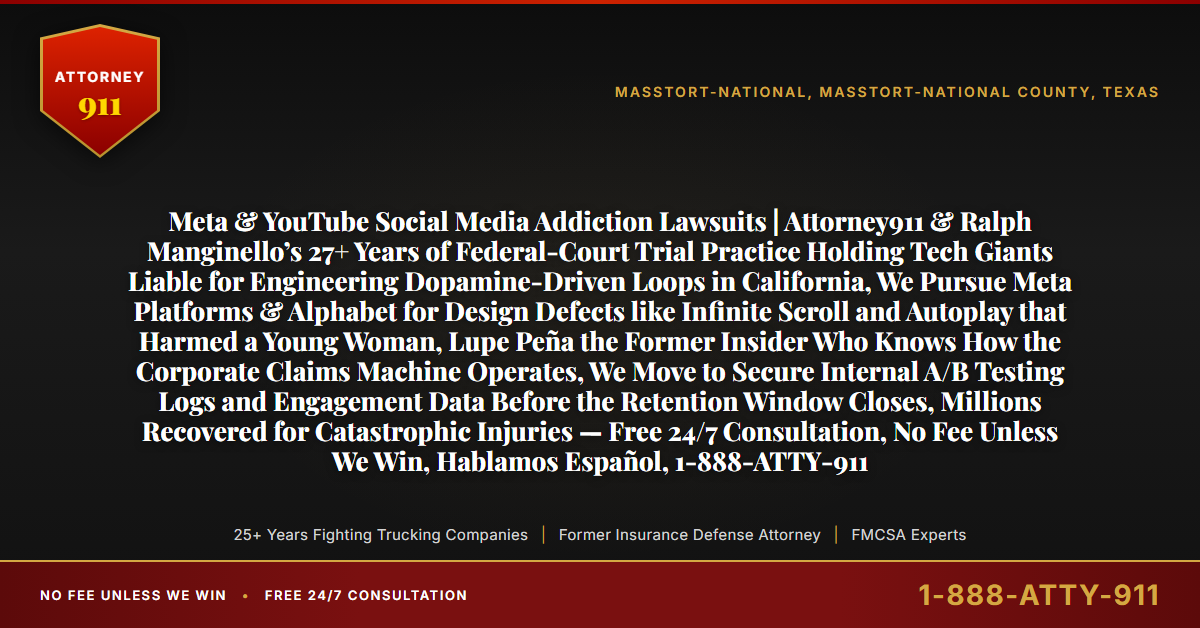 Meta & YouTube Social Media Addiction Lawsuits | Attorney911 & Ralph Manginello’s 27+ Years of Federal-Court Trial Practice Holding Tech Giants Liable for Engineering Dopamine-Driven Loops in California, We Pursue Meta Platforms & Alphabet for Design Defects like Infinite Scroll and Autoplay that Harmed a Young Woman, Lupe Peña the Former Insider Who Knows How the Corporate Claims Machine Operates, We Move to Secure Internal A/B Testing Logs and Engagement Data Before the Retention Window Closes, Millions Recovered for Catastrophic Injuries — Free 24/7 Consultation, No Fee Unless We Win, Hablamos Español, 1-888-ATTY-911 - Attorney911