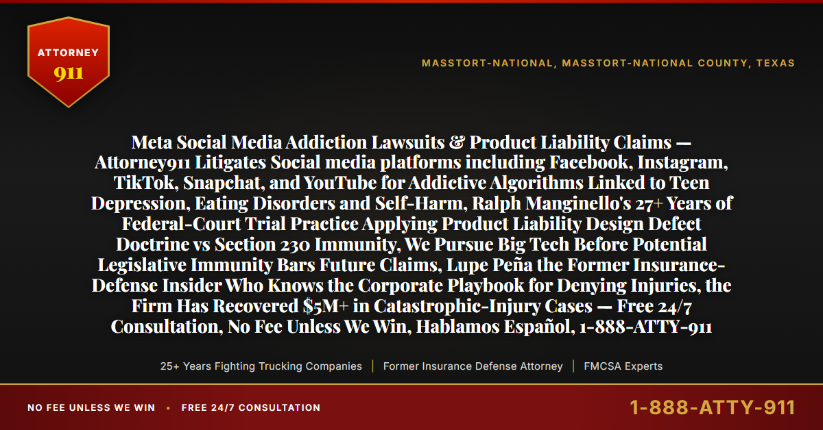 Meta Social Media Addiction Lawsuits & Product Liability Claims — Attorney911 Litigates Social media platforms including Facebook, Instagram, TikTok, Snapchat, and YouTube for Addictive Algorithms Linked to Teen Depression, Eating Disorders and Self-Harm, Ralph Manginello's 27+ Years of Federal-Court Trial Practice Applying Product Liability Design Defect Doctrine vs Section 230 Immunity, We Pursue Big Tech Before Potential Legislative Immunity Bars Future Claims, Lupe Peña the Former Insurance-Defense Insider Who Knows the Corporate Playbook for Denying Injuries, the Firm Has Recovered $5M+ in Catastrophic-Injury Cases — Free 24/7 Consultation, No Fee Unless We Win, Hablamos Español, 1-888-ATTY-911 - Attorney911