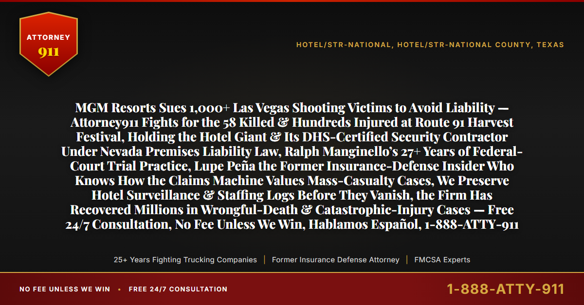 MGM Resorts Sues 1,000+ Las Vegas Shooting Victims to Avoid Liability — Attorney911 Fights for the 58 Killed & Hundreds Injured at Route 91 Harvest Festival, Holding the Hotel Giant & Its DHS-Certified Security Contractor Under Nevada Premises Liability Law, Ralph Manginello’s 27+ Years of Federal-Court Trial Practice, Lupe Peña the Former Insurance-Defense Insider Who Knows How the Claims Machine Values Mass-Casualty Cases, We Preserve Hotel Surveillance & Staffing Logs Before They Vanish, the Firm Has Recovered Millions in Wrongful-Death & Catastrophic-Injury Cases — Free 24/7 Consultation, No Fee Unless We Win, Hablamos Español, 1-888-ATTY-911 - Attorney911