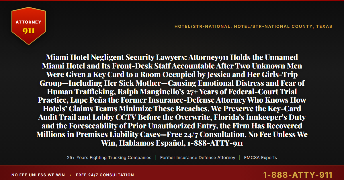 Miami Hotel Negligent Security Lawyers: Attorney911 Holds the Unnamed Miami Hotel and Its Front-Desk Staff Accountable After Two Unknown Men Were Given a Key Card to a Room Occupied by Jessica and Her Girls-Trip Group—Including Her Sick Mother—Causing Emotional Distress and Fear of Human Trafficking, Ralph Manginello’s 27+ Years of Federal-Court Trial Practice, Lupe Peña the Former Insurance-Defense Attorney Who Knows How Hotels’ Claims Teams Minimize These Breaches, We Preserve the Key-Card Audit Trail and Lobby CCTV Before the Overwrite, Florida’s Innkeeper’s Duty and the Foreseeability of Prior Unauthorized Entry, the Firm Has Recovered Millions in Premises Liability Cases—Free 24/7 Consultation, No Fee Unless We Win, Hablamos Español, 1-888-ATTY-911 - Attorney911