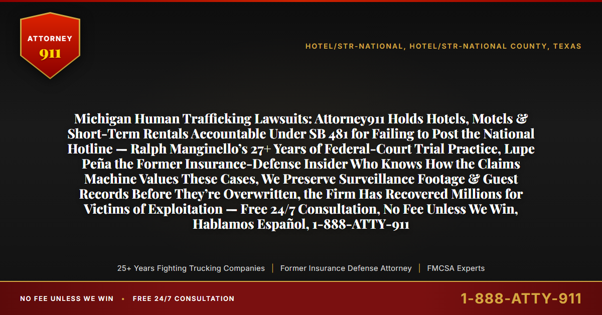 Michigan Human Trafficking Lawsuits: Attorney911 Holds Hotels, Motels & Short-Term Rentals Accountable Under SB 481 for Failing to Post the National Hotline — Ralph Manginello’s 27+ Years of Federal-Court Trial Practice, Lupe Peña the Former Insurance-Defense Insider Who Knows How the Claims Machine Values These Cases, We Preserve Surveillance Footage & Guest Records Before They’re Overwritten, the Firm Has Recovered Millions for Victims of Exploitation — Free 24/7 Consultation, No Fee Unless We Win, Hablamos Español, 1-888-ATTY-911 - Attorney911