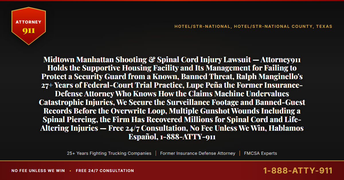 Midtown Manhattan Shooting & Spinal Cord Injury Lawsuit — Attorney911 Holds the Supportive Housing Facility and Its Management for Failing to Protect a Security Guard from a Known, Banned Threat, Ralph Manginello's 27+ Years of Federal-Court Trial Practice, Lupe Peña the Former Insurance-Defense Attorney Who Knows How the Claims Machine Undervalues Catastrophic Injuries, We Secure the Surveillance Footage and Banned-Guest Records Before the Overwrite Loop, Multiple Gunshot Wounds Including a Spinal Piercing, the Firm Has Recovered Millions for Spinal Cord and Life-Altering Injuries — Free 24/7 Consultation, No Fee Unless We Win, Hablamos Español, 1-888-ATTY-911 - Attorney911